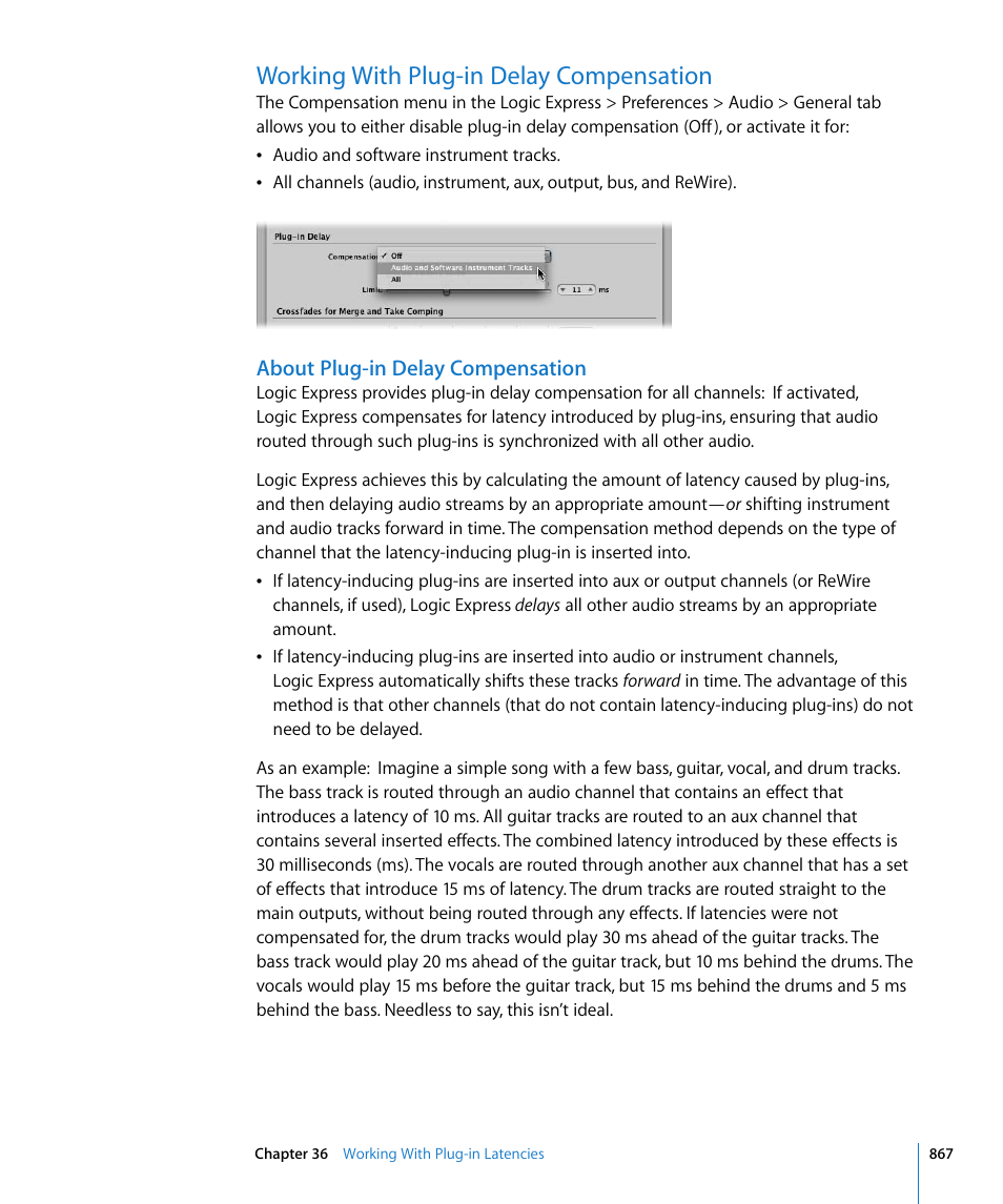 Working with plug-in delay compensation, About plug-in delay compensation | Apple Logic Express 8 User Manual | Page 867 / 1055