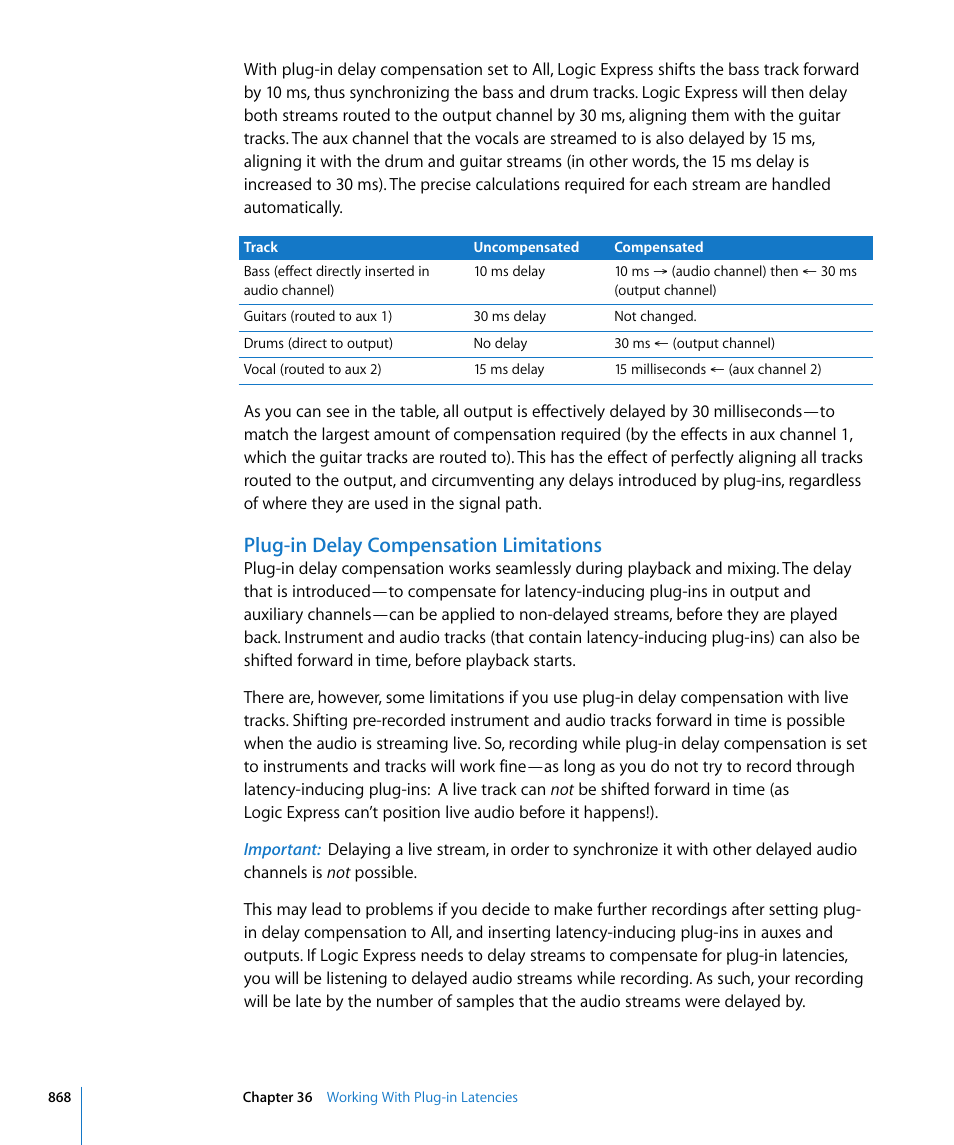 Plug-in delay compensation limitations | Apple Logic Express 8 User Manual | Page 868 / 1055