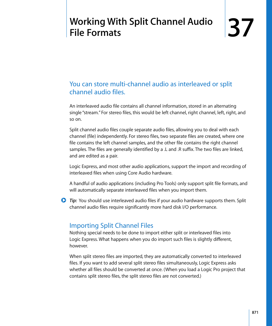 Working with split channel audio file formats, Importing split channel files, Chapter 37 | Apple Logic Express 8 User Manual | Page 871 / 1055