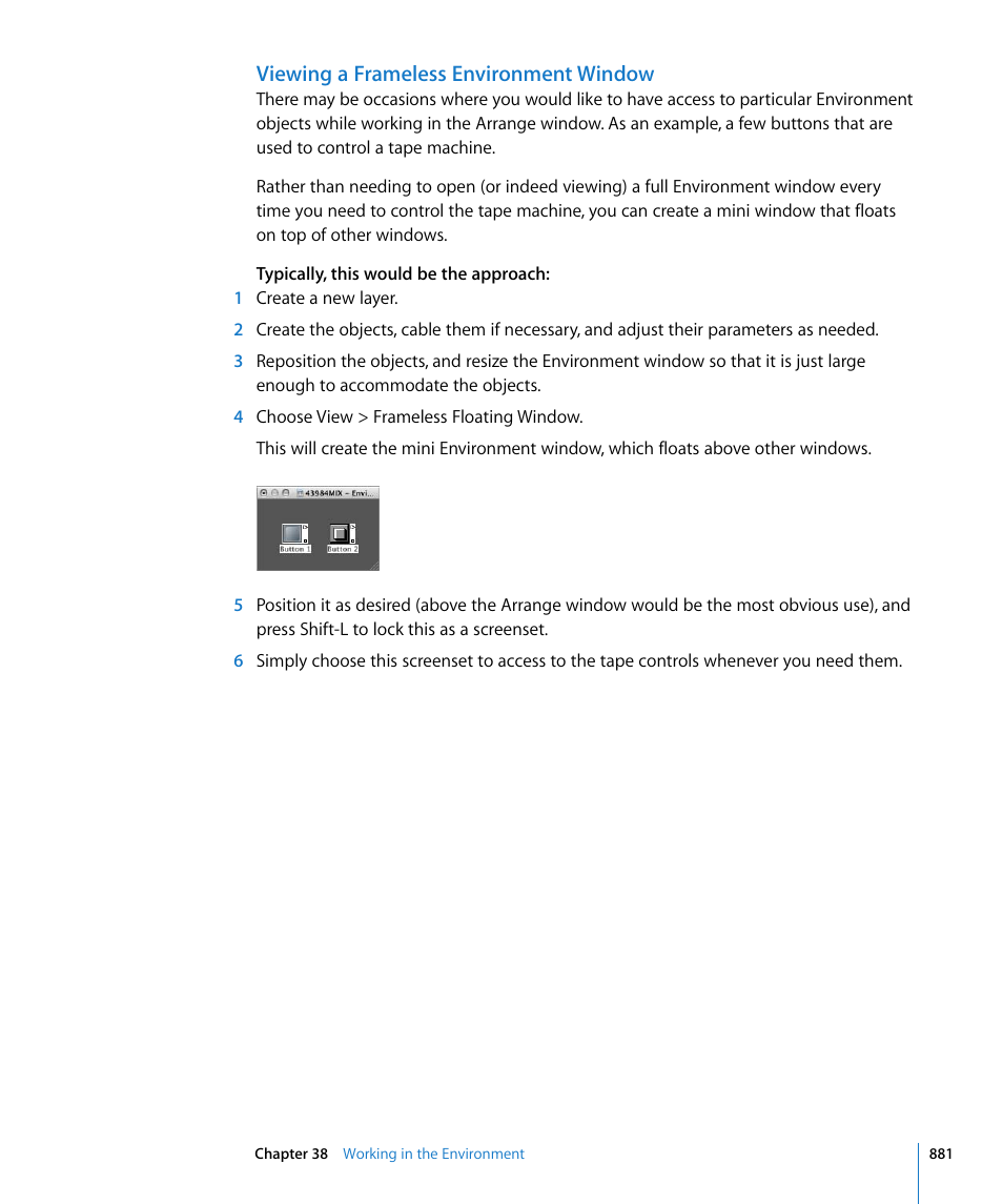 Viewing a frameless environment window | Apple Logic Express 8 User Manual | Page 881 / 1055