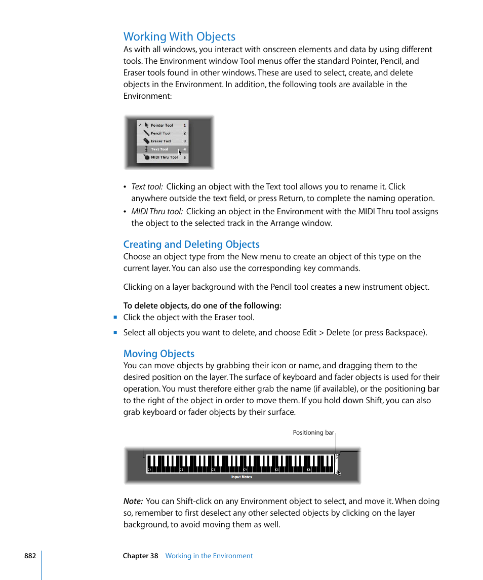 Working with objects, Creating and deleting objects, Moving objects | Apple Logic Express 8 User Manual | Page 882 / 1055