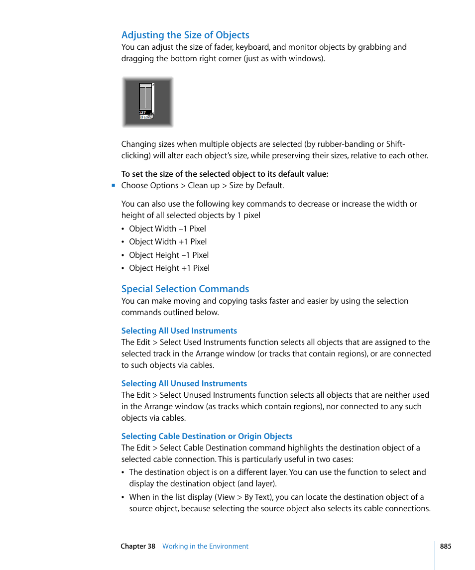 Adjusting the size of objects, Special selection commands | Apple Logic Express 8 User Manual | Page 885 / 1055