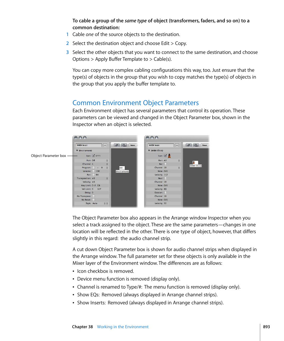 Common environment object parameters | Apple Logic Express 8 User Manual | Page 893 / 1055