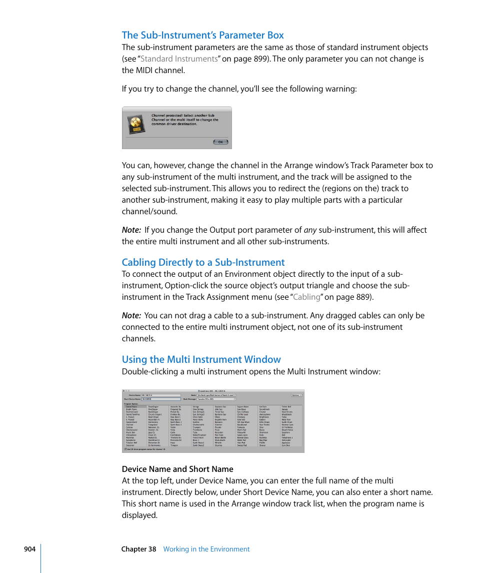 The sub-instrument’s parameter box, Cabling directly to a sub-instrument, Using the multi instrument window | Ound, Using the, Multi instrument window | Apple Logic Express 8 User Manual | Page 904 / 1055