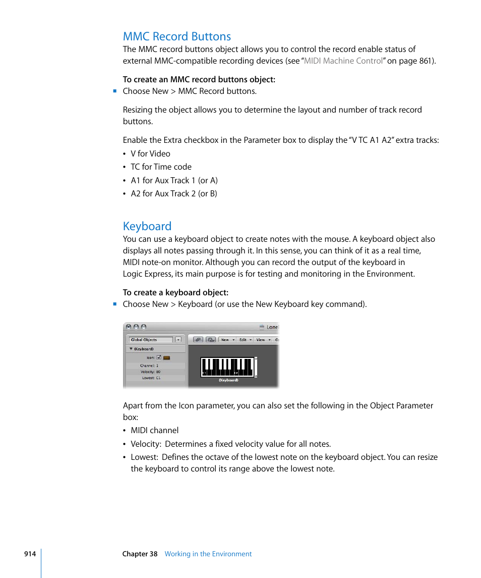Mmc record buttons, Keyboard | Apple Logic Express 8 User Manual | Page 914 / 1055