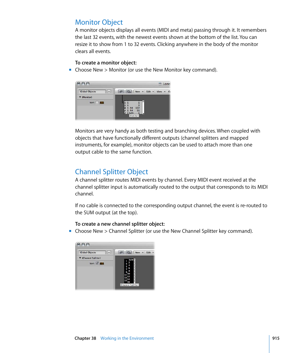 Monitor object, Channel splitter object, Ers (see | T (see | Apple Logic Express 8 User Manual | Page 915 / 1055