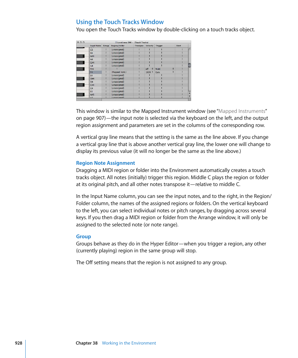 Using the touch tracks window | Apple Logic Express 8 User Manual | Page 928 / 1055
