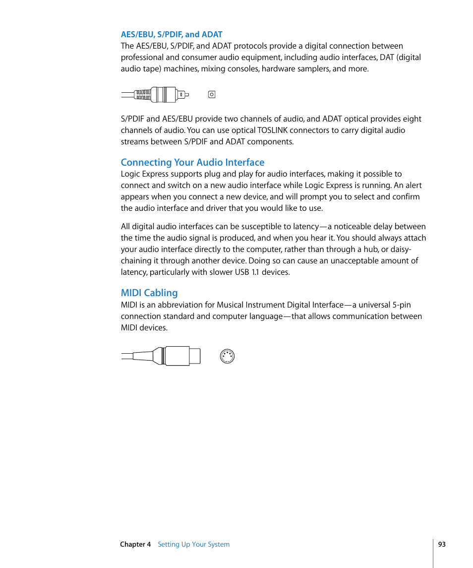 Connecting your audio interface, Midi cabling | Apple Logic Express 8 User Manual | Page 93 / 1055