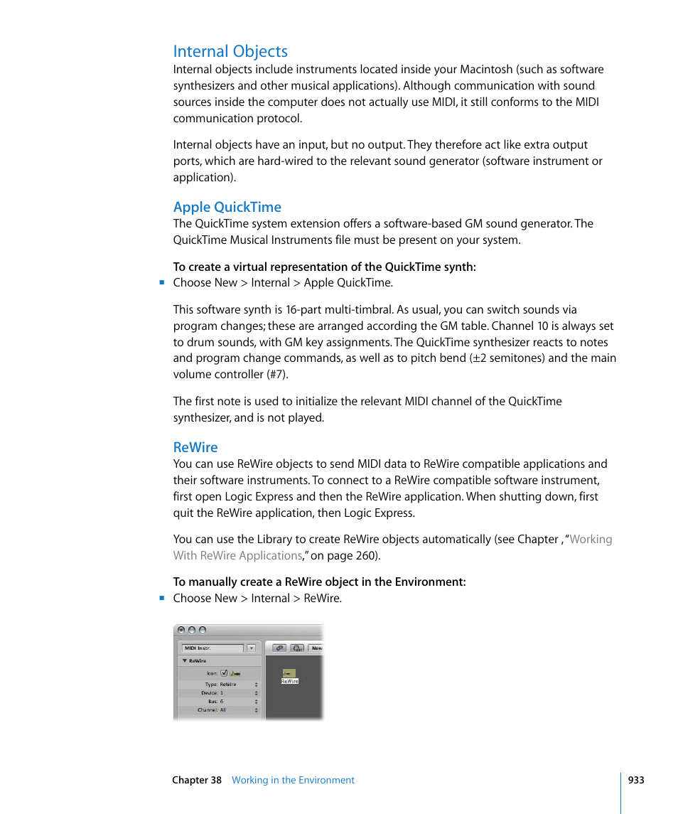 Internal objects, Apple quicktime, Rewire | Apple Logic Express 8 User Manual | Page 933 / 1055