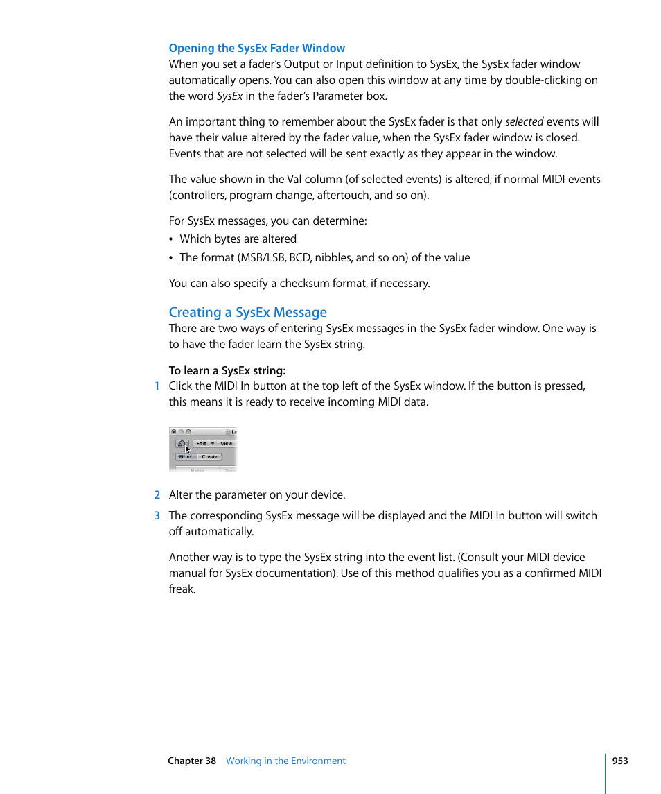 Creating a sysex message | Apple Logic Express 8 User Manual | Page 953 / 1055