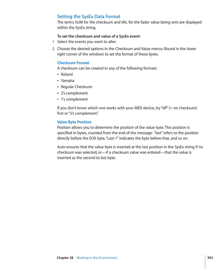 Setting the sysex data format | Apple Logic Express 8 User Manual | Page 955 / 1055
