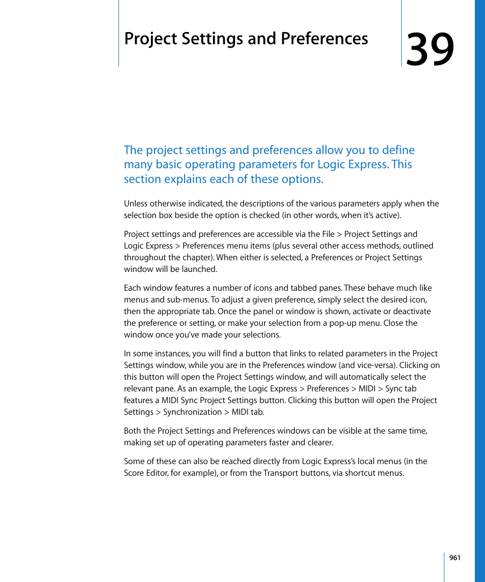 Project settings and preferences, Chapter 39 | Apple Logic Express 8 User Manual | Page 961 / 1055