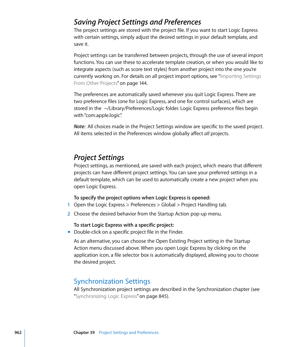 Saving project settings and preferences, Project settings, Synchronization settings | Apple Logic Express 8 User Manual | Page 962 / 1055
