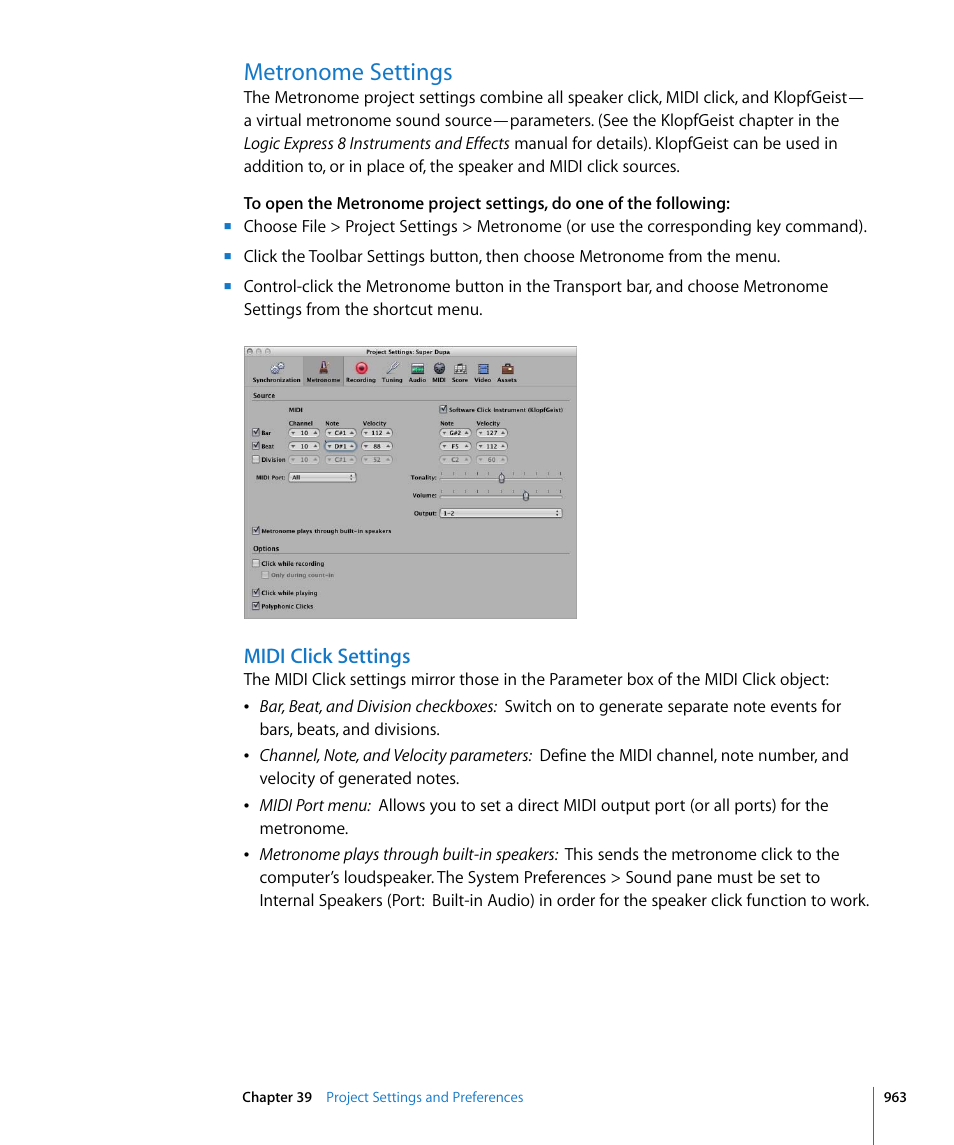 Metronome settings, Midi click settings, Please see | Metronome, Settings | Apple Logic Express 8 User Manual | Page 963 / 1055