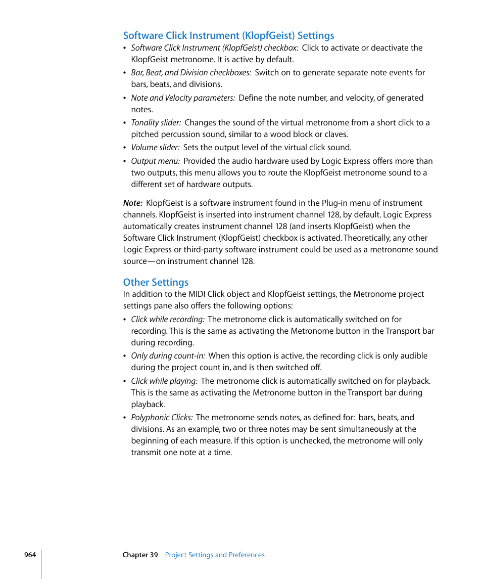 Software click instrument (klopfgeist) settings, Other settings | Apple Logic Express 8 User Manual | Page 964 / 1055