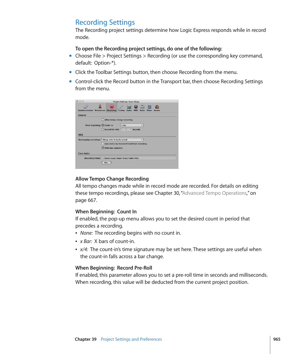 Recording settings | Apple Logic Express 8 User Manual | Page 965 / 1055