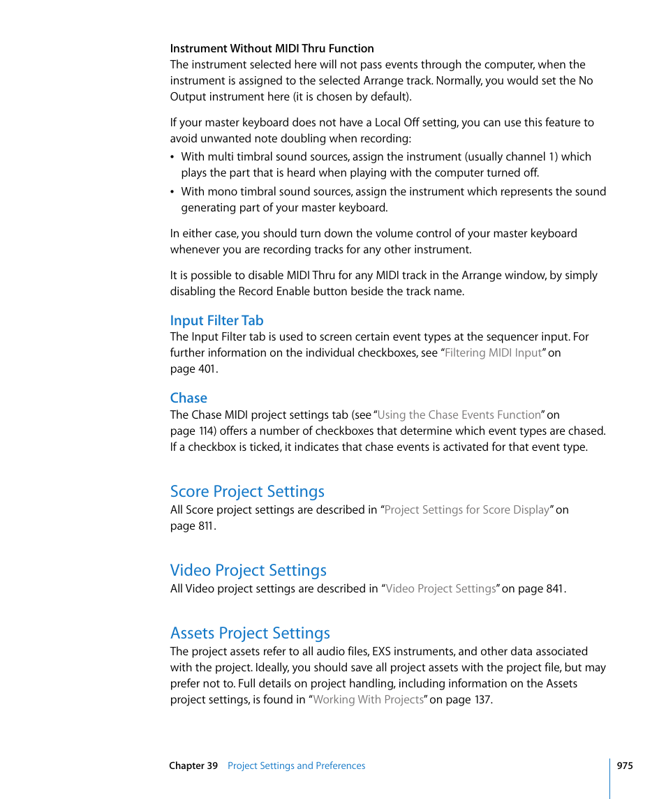 Input filter tab, Chase, Score project settings | Video project settings, Assets project settings | Apple Logic Express 8 User Manual | Page 975 / 1055