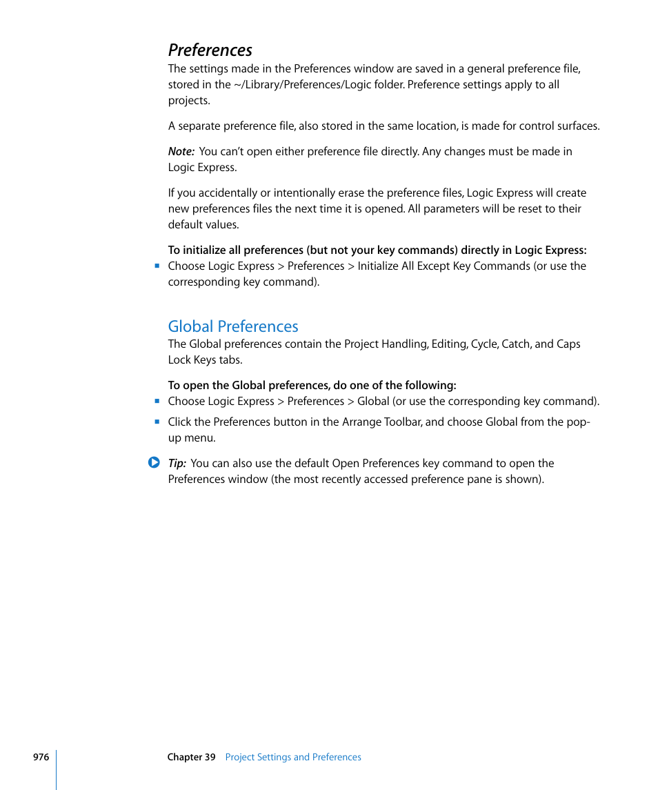 Preferences, Global preferences | Apple Logic Express 8 User Manual | Page 976 / 1055