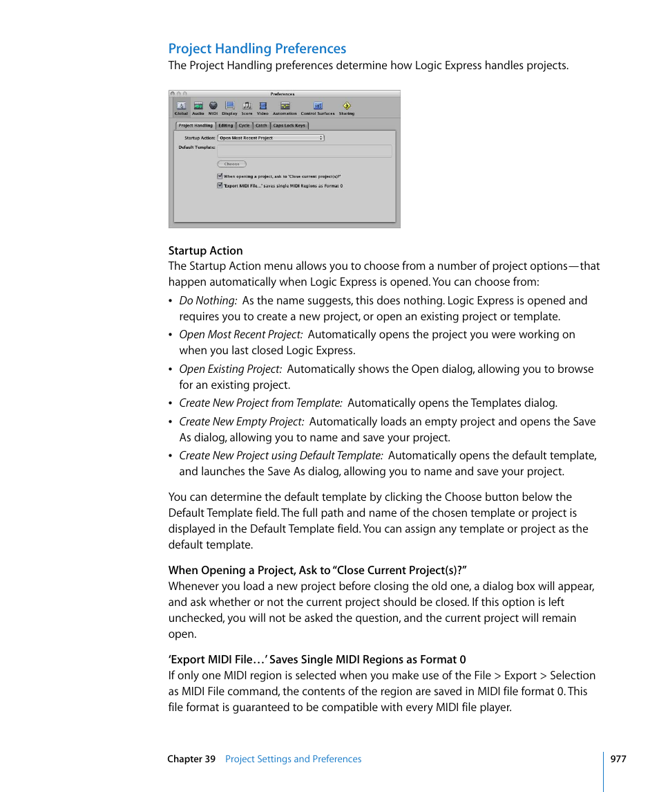 Project handling preferences | Apple Logic Express 8 User Manual | Page 977 / 1055