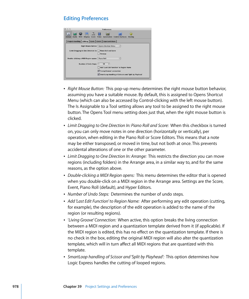 Editing preferences | Apple Logic Express 8 User Manual | Page 978 / 1055