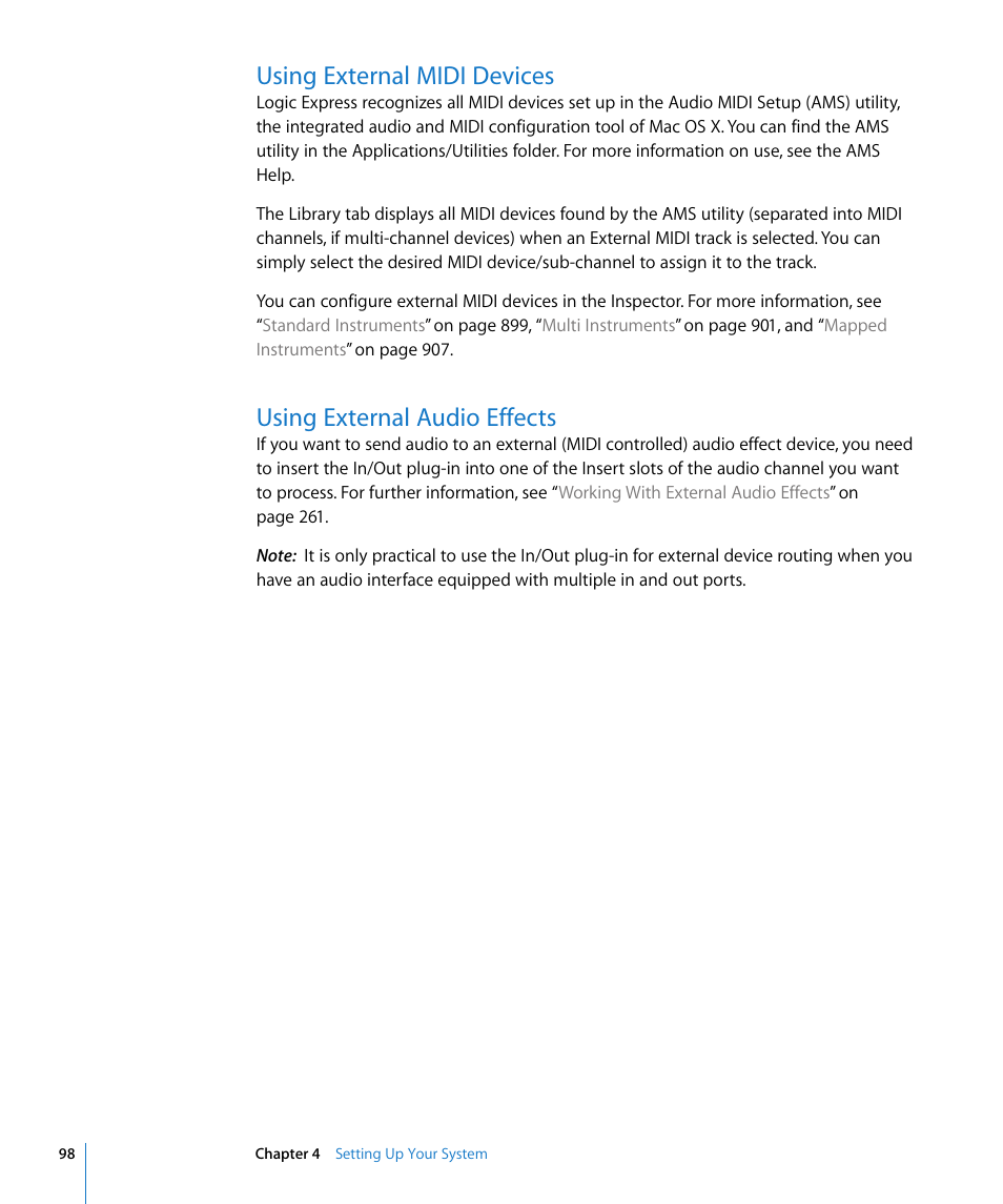 Using external midi devices, Using external audio effects | Apple Logic Express 8 User Manual | Page 98 / 1055