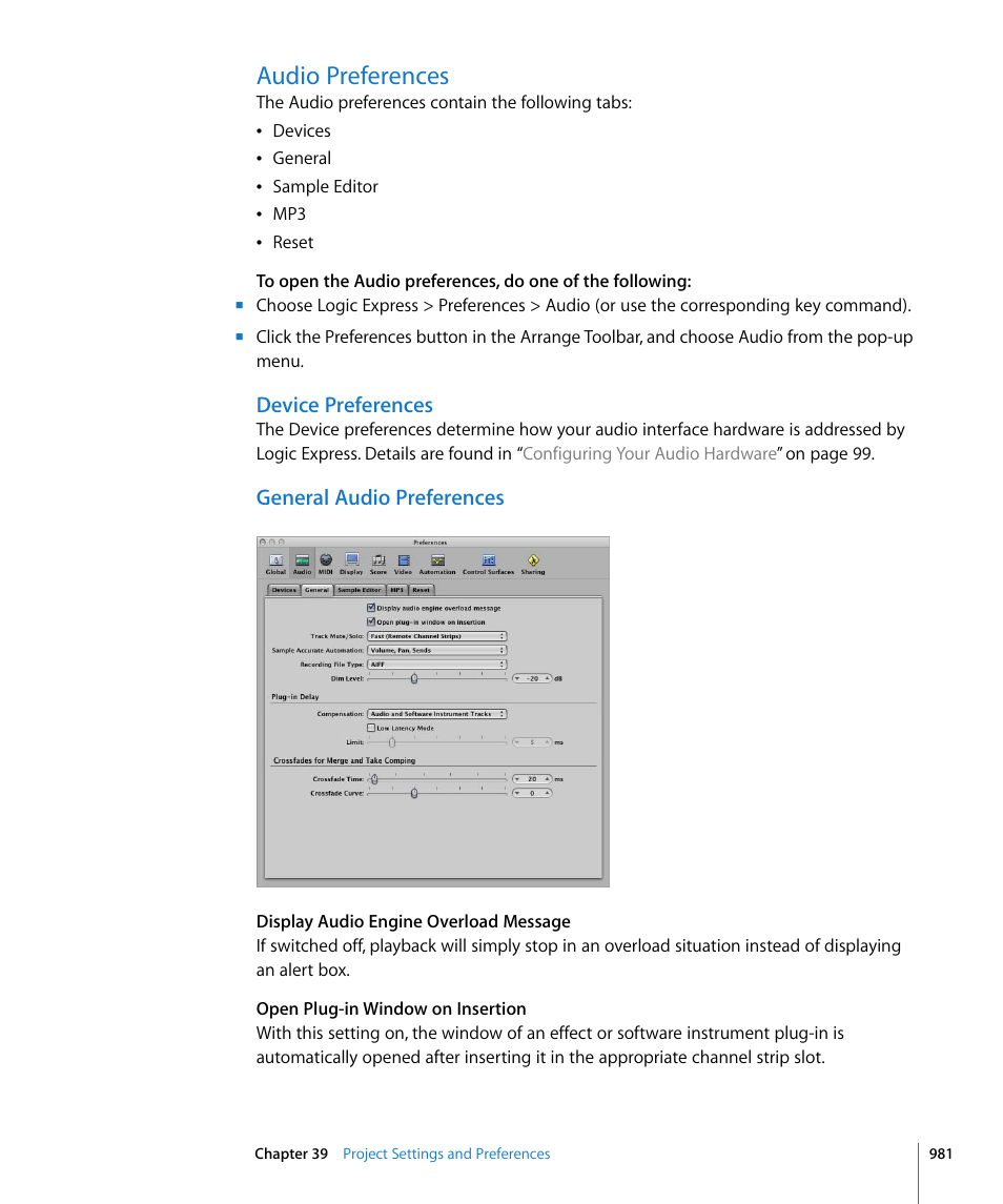 Audio preferences, Device preferences, General audio preferences | Apple Logic Express 8 User Manual | Page 981 / 1055