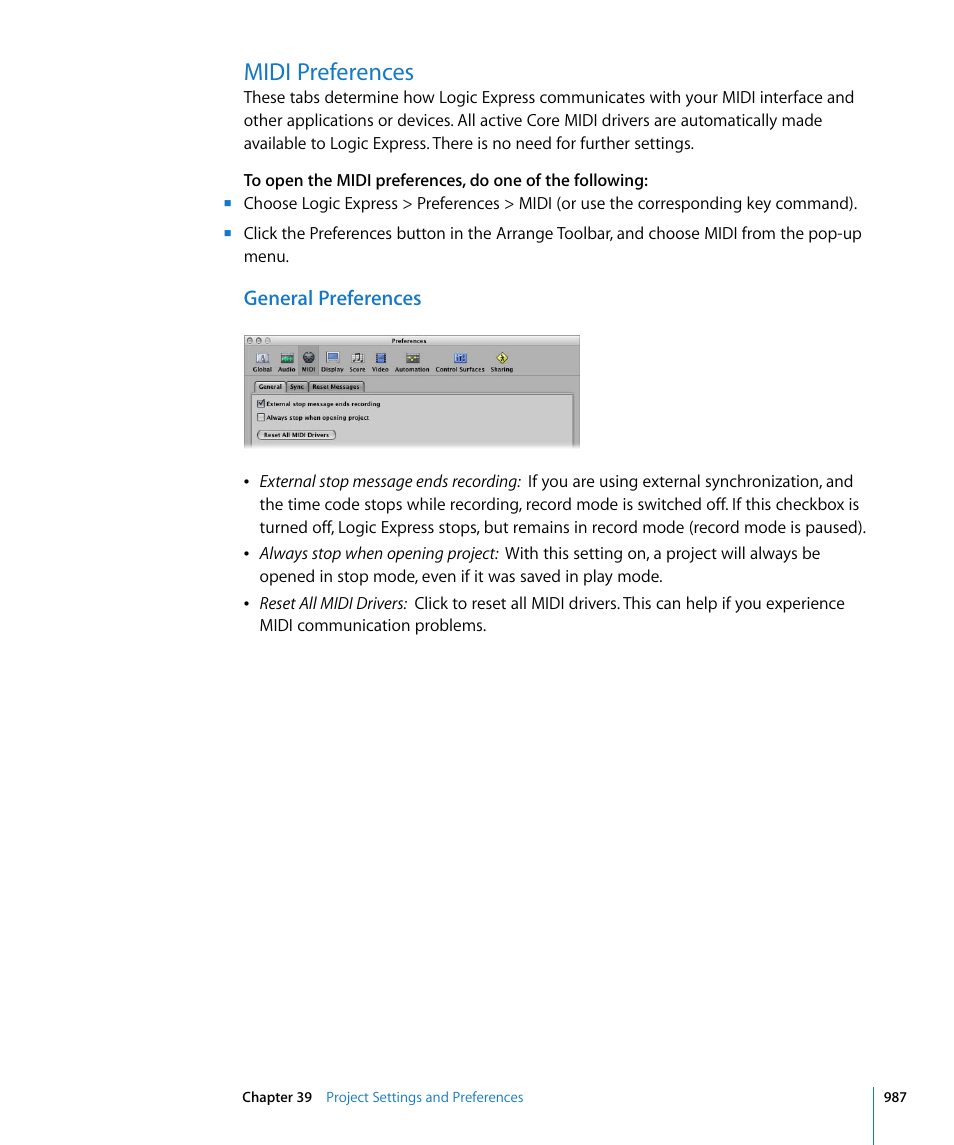 Midi preferences, General preferences | Apple Logic Express 8 User Manual | Page 987 / 1055