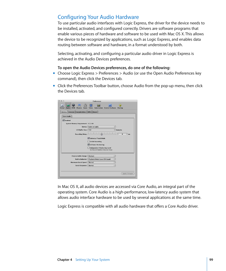 Configuring your audio hardware, Ound in | Apple Logic Express 8 User Manual | Page 99 / 1055