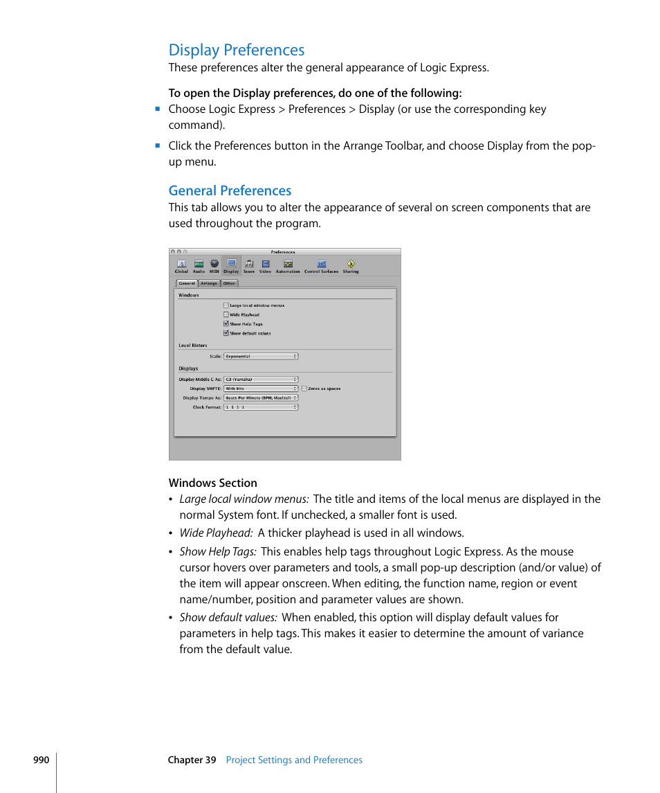 Display preferences, General preferences | Apple Logic Express 8 User Manual | Page 990 / 1055