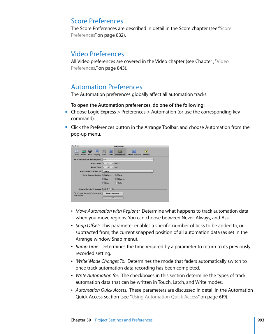 Score preferences, Video preferences, Automation preferences | Apple Logic Express 8 User Manual | Page 993 / 1055
