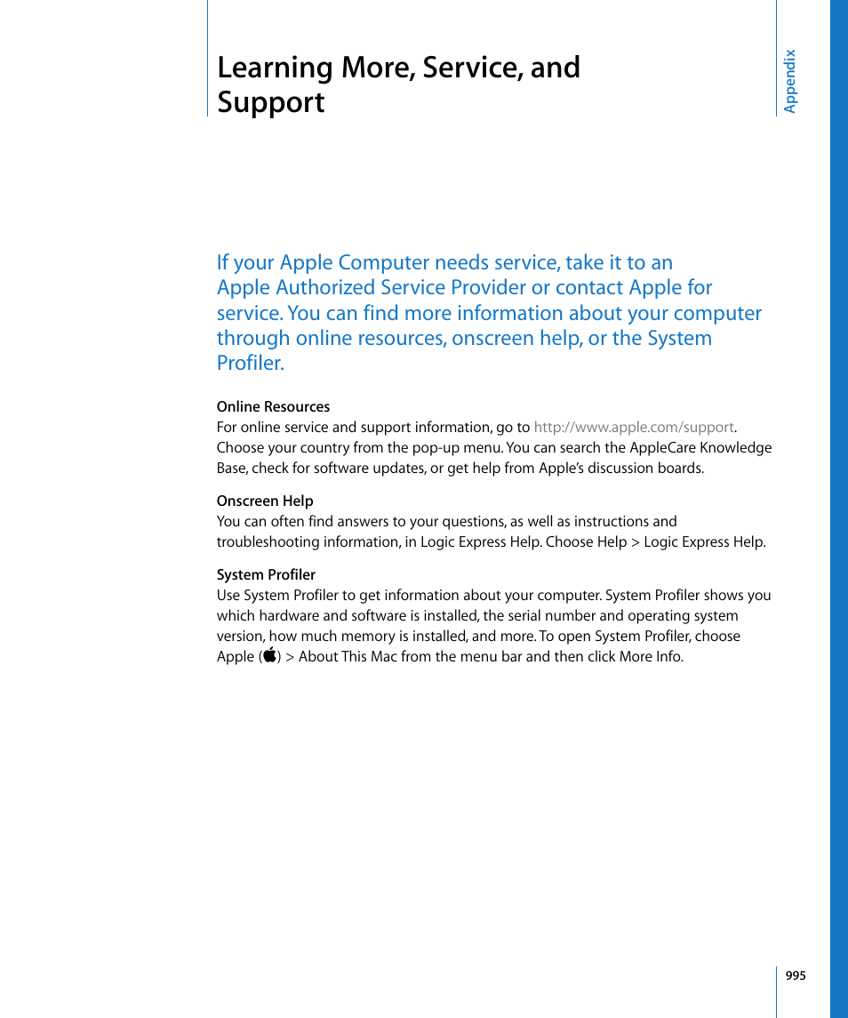 Learning more, service, and support, Appendix | Apple Logic Express 8 User Manual | Page 995 / 1055