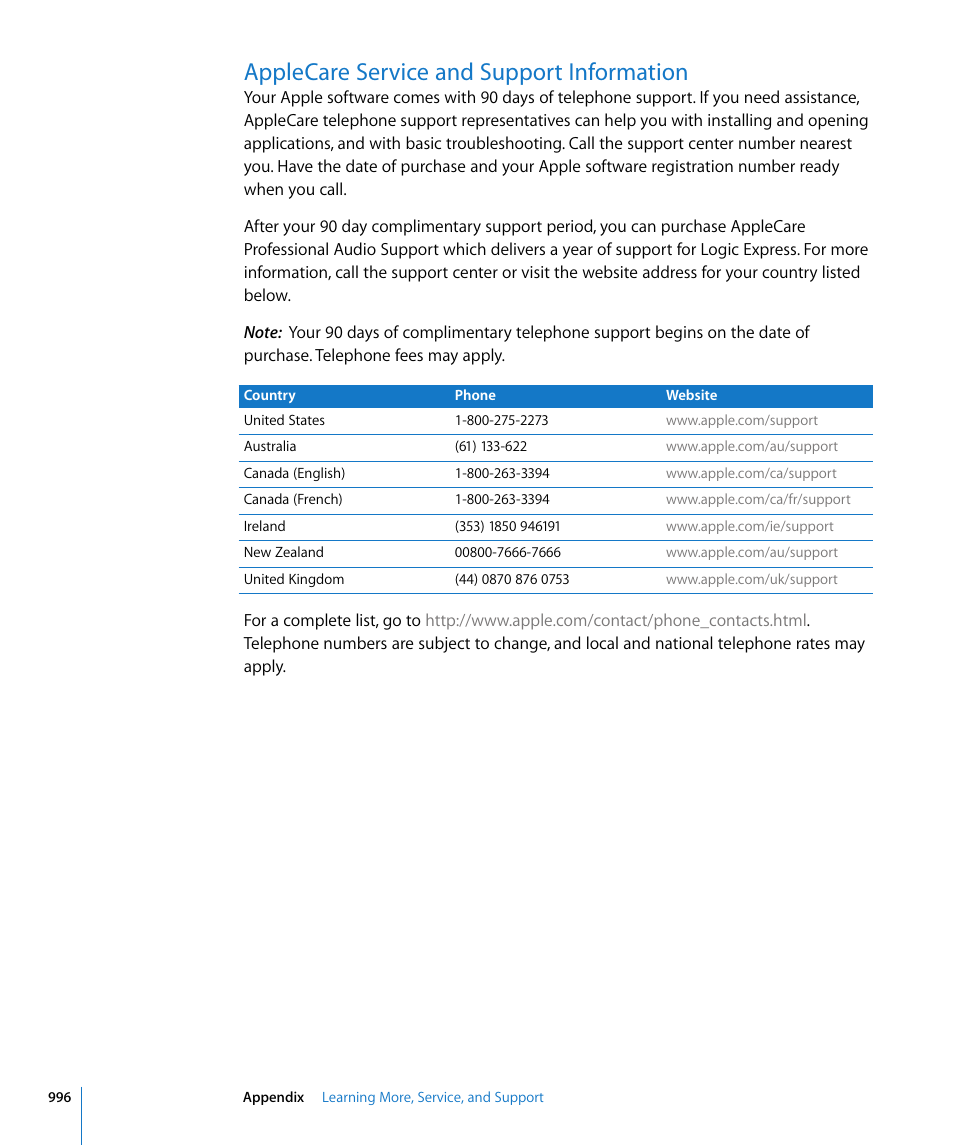 Applecare service and support information | Apple Logic Express 8 User Manual | Page 996 / 1055