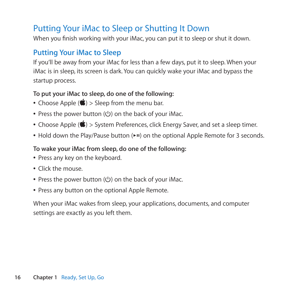 Putting your imac to sleep or shutting it down, 16 putting your imac to sleep or shutting it down | Apple iMac (21.5-inch and 27-inch, Mid 2011) User Manual | Page 16 / 88