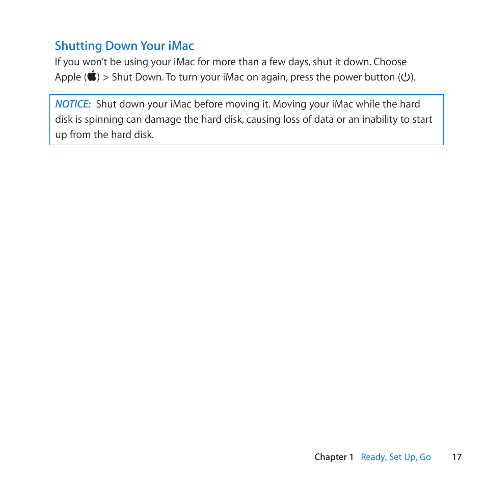 Shutting down your imac | Apple iMac (21.5-inch and 27-inch, Mid 2011) User Manual | Page 17 / 88