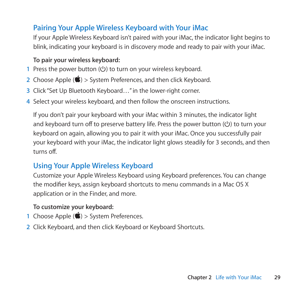 Using your apple wireless keyboard | Apple iMac (21.5-inch and 27-inch, Mid 2011) User Manual | Page 29 / 88