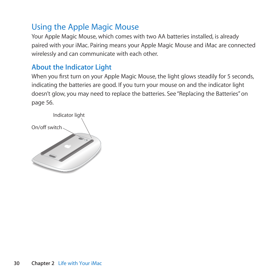 Using the apple magic mouse, 30 using the apple magic mouse, About the indicator light | Apple iMac (21.5-inch and 27-inch, Mid 2011) User Manual | Page 30 / 88