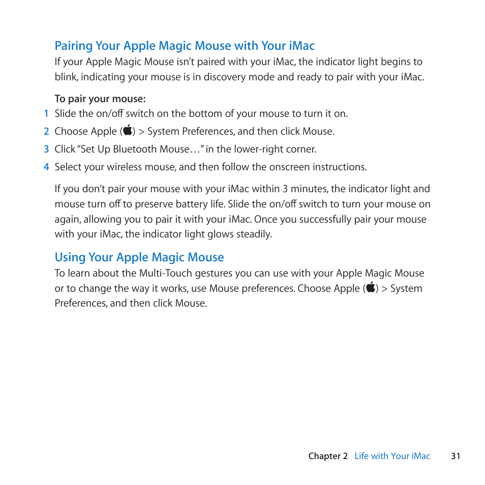 Pairing your apple magic mouse with your imac, Using your apple magic mouse | Apple iMac (21.5-inch and 27-inch, Mid 2011) User Manual | Page 31 / 88