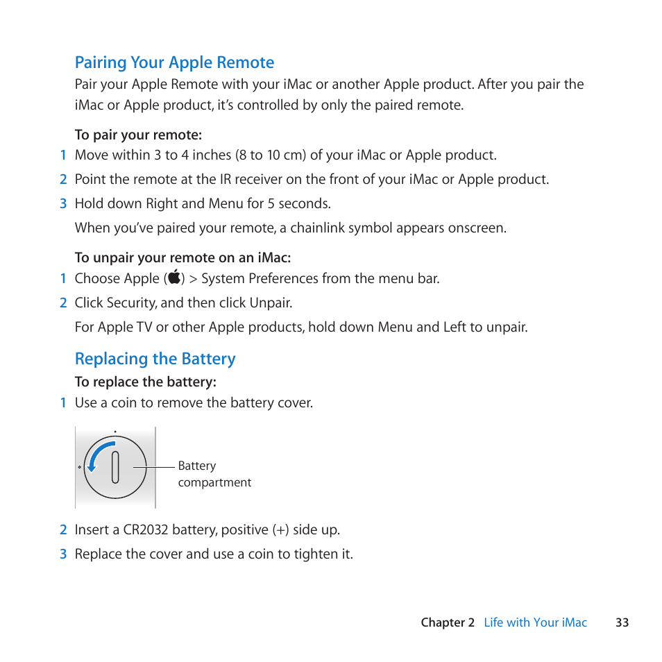 Pairing your apple remote, Replacing the battery | Apple iMac (21.5-inch and 27-inch, Mid 2011) User Manual | Page 33 / 88