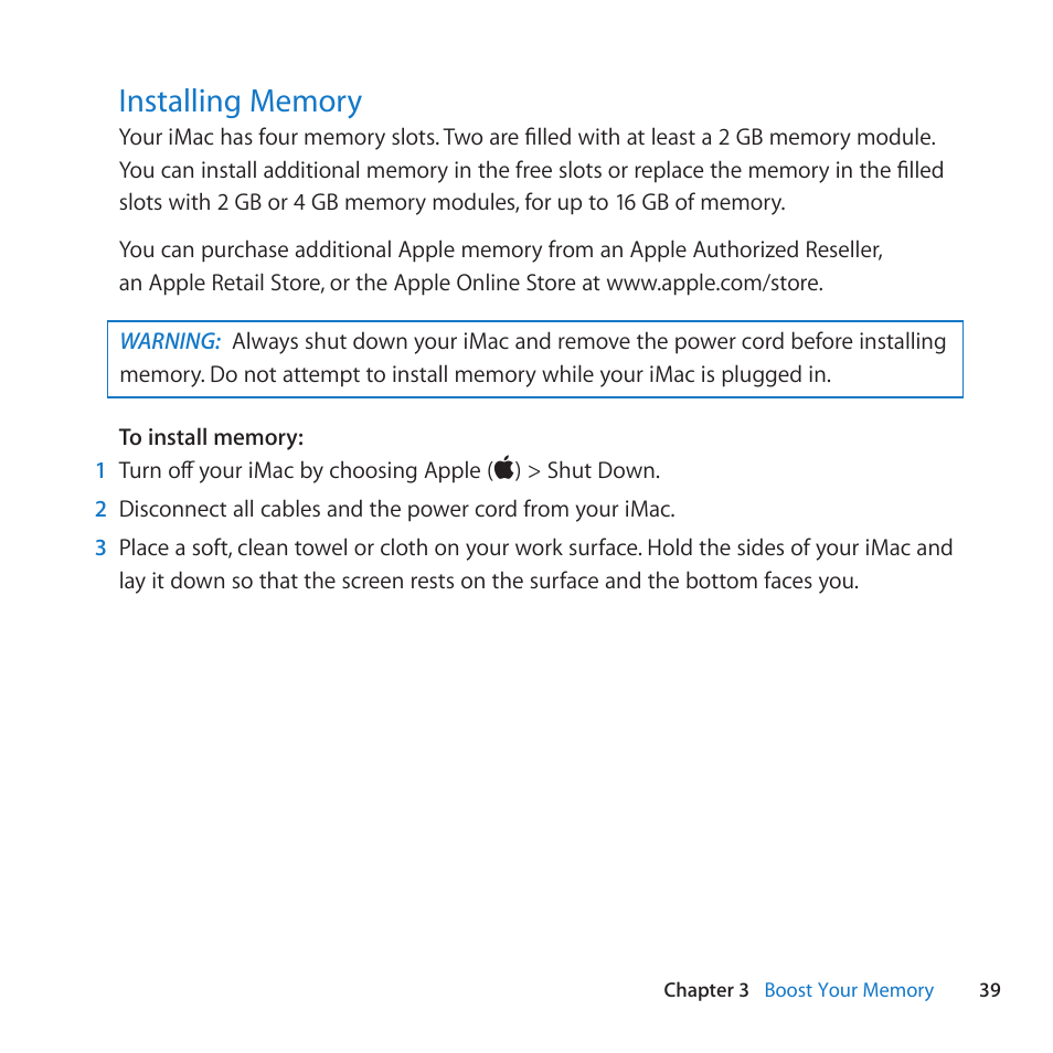 Installing memory, 39 installing memory | Apple iMac (21.5-inch and 27-inch, Mid 2011) User Manual | Page 39 / 88