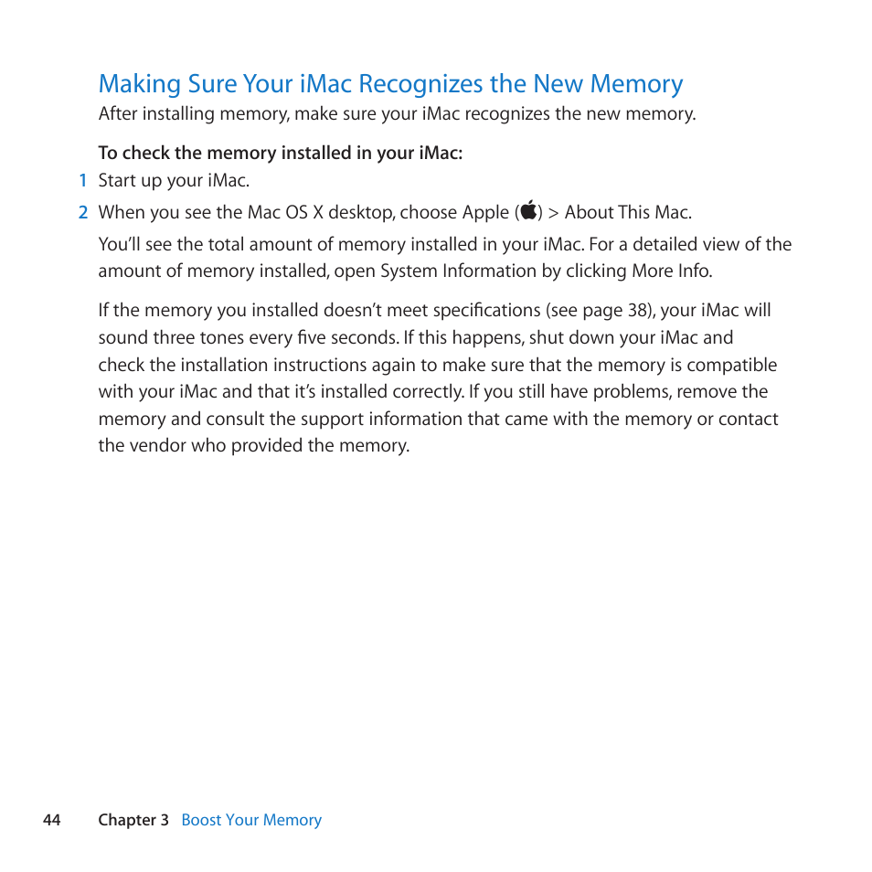 Making sure your imac recognizes the new memory, 44 making sure your imac recognizes the new memory | Apple iMac (21.5-inch and 27-inch, Mid 2011) User Manual | Page 44 / 88