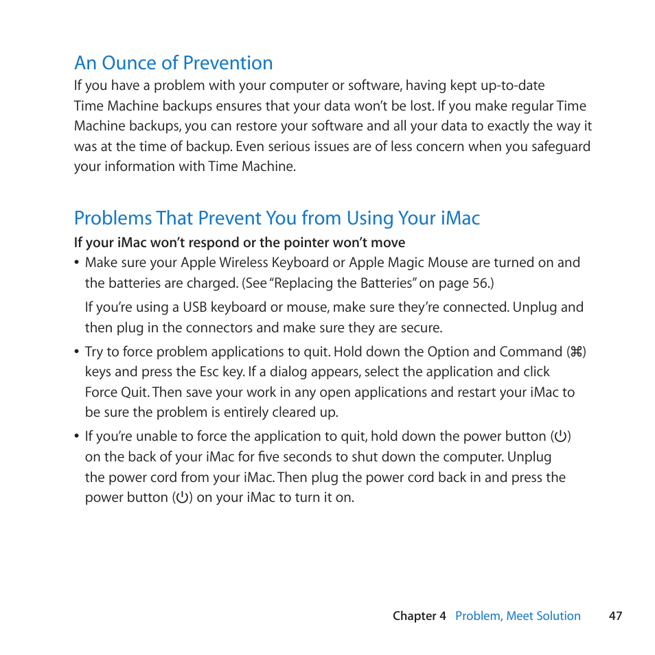 An ounce of prevention, Problems that prevent you from using your imac | Apple iMac (21.5-inch and 27-inch, Mid 2011) User Manual | Page 47 / 88