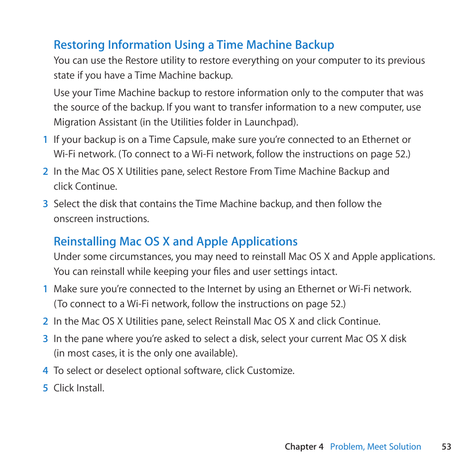 Restoring information using a time machine backup, Reinstalling mac os x and apple applications | Apple iMac (21.5-inch and 27-inch, Mid 2011) User Manual | Page 53 / 88