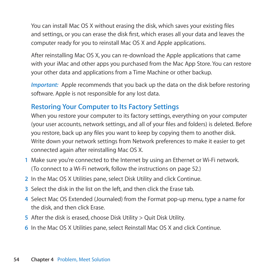 Restoring your computer to its factory settings | Apple iMac (21.5-inch and 27-inch, Mid 2011) User Manual | Page 54 / 88