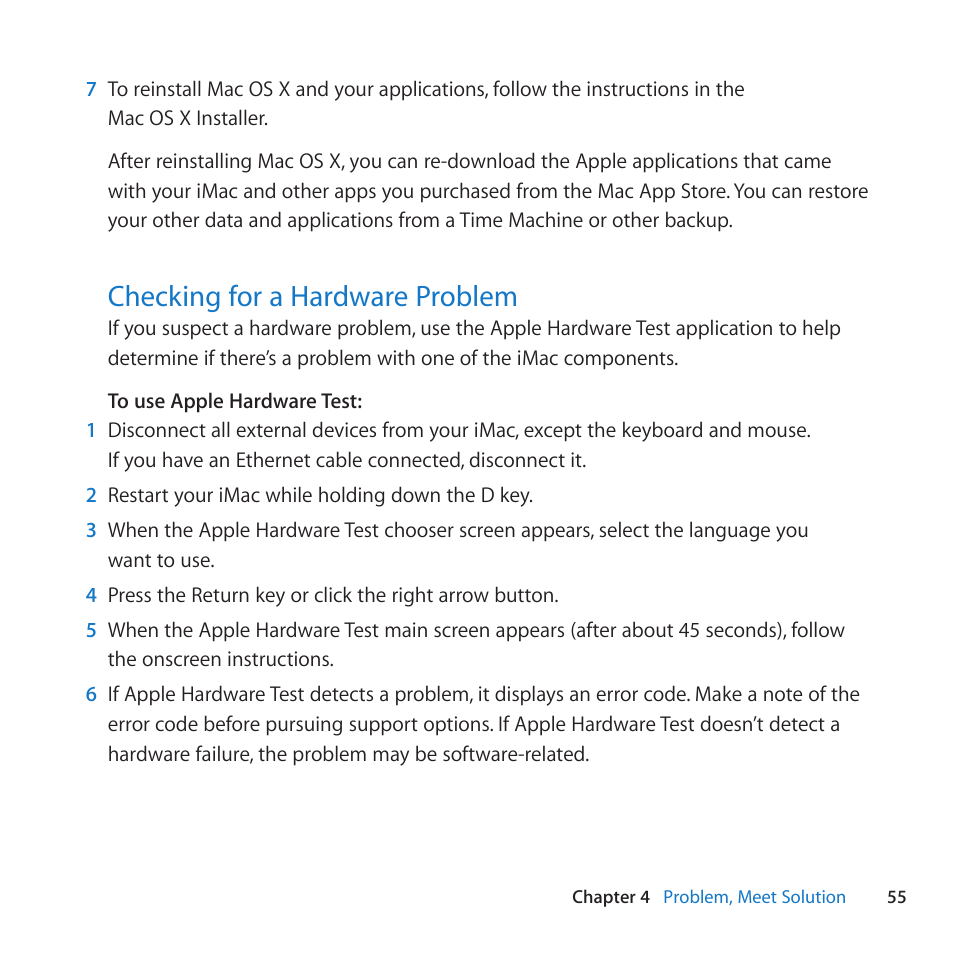 Checking for a hardware problem, 55 checking for a hardware problem | Apple iMac (21.5-inch and 27-inch, Mid 2011) User Manual | Page 55 / 88