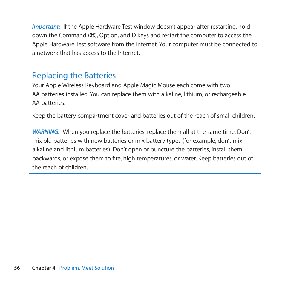 Replacing the batteries, 56 replacing the batteries | Apple iMac (21.5-inch and 27-inch, Mid 2011) User Manual | Page 56 / 88