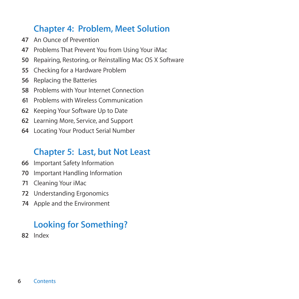 Chapter 4: problem, meet solution, Chapter 5: last, but not least, Looking for something | Apple iMac (21.5-inch and 27-inch, Mid 2011) User Manual | Page 6 / 88