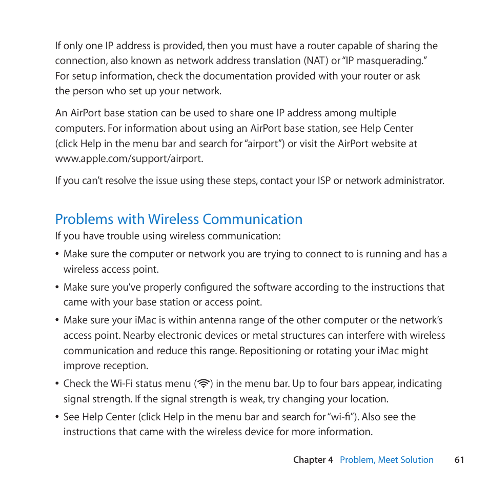 Problems with wireless communication, 61 problems with wireless communication | Apple iMac (21.5-inch and 27-inch, Mid 2011) User Manual | Page 61 / 88