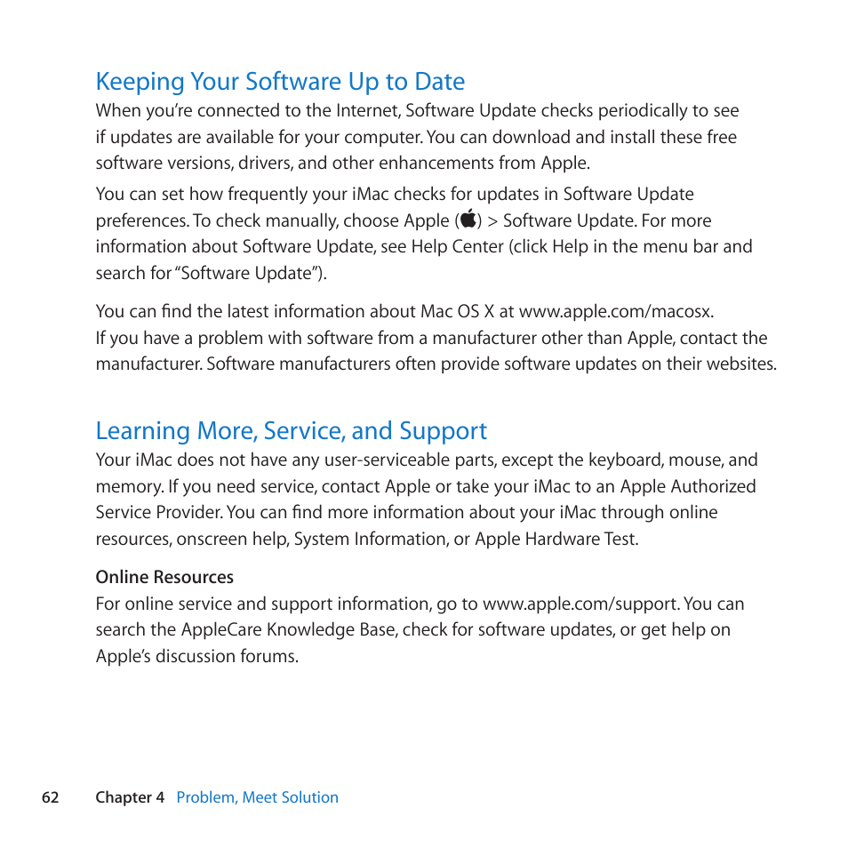 Keeping your software up to date, Learning more, service, and support | Apple iMac (21.5-inch and 27-inch, Mid 2011) User Manual | Page 62 / 88