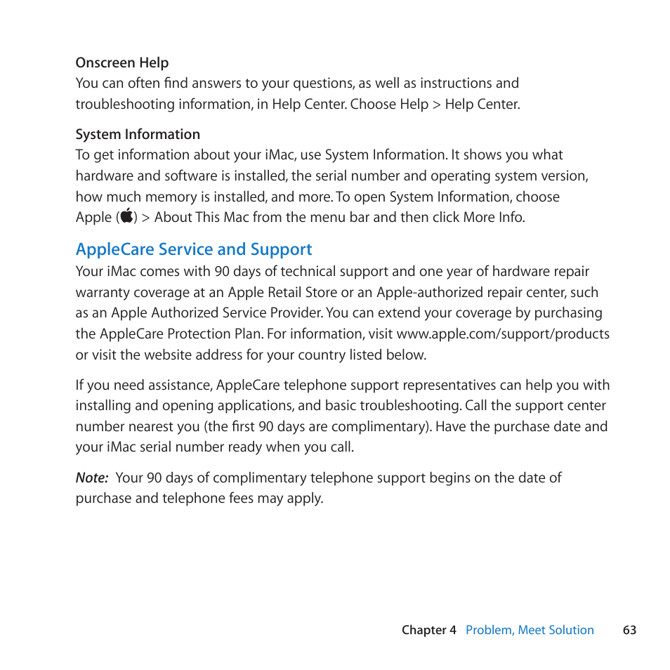 Applecare service and support | Apple iMac (21.5-inch and 27-inch, Mid 2011) User Manual | Page 63 / 88