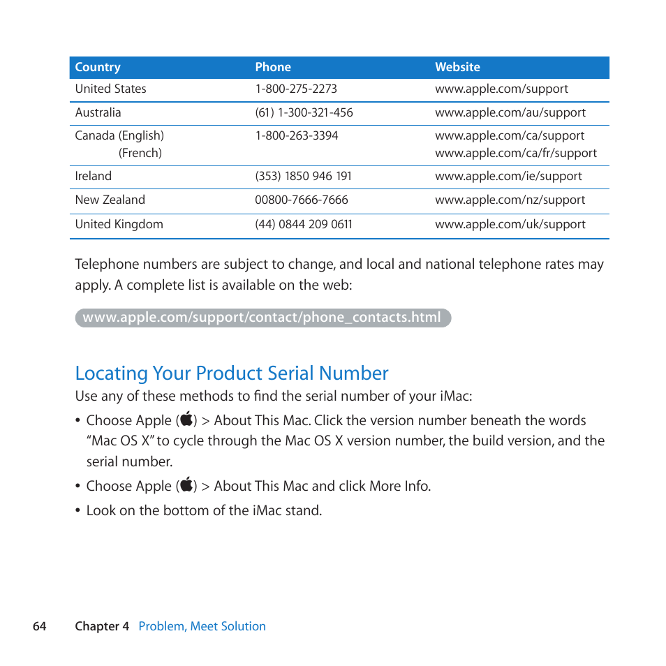 Locating your product serial number, 64 locating your product serial number | Apple iMac (21.5-inch and 27-inch, Mid 2011) User Manual | Page 64 / 88